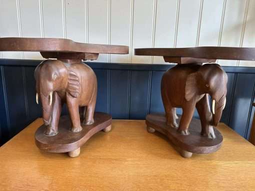 Vintage Elephant Side tables Stools Matched Pair Hand Carved - Image 2