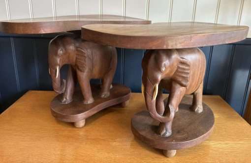 Vintage Elephant Side tables Stools Matched Pair Hand Carved