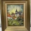 Original 1975 Village Landscape Oil Painting – Framed Miniature Rural Scene